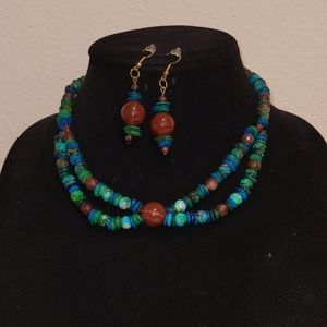 Natural Stone blue green Necklace with matching Earings, New